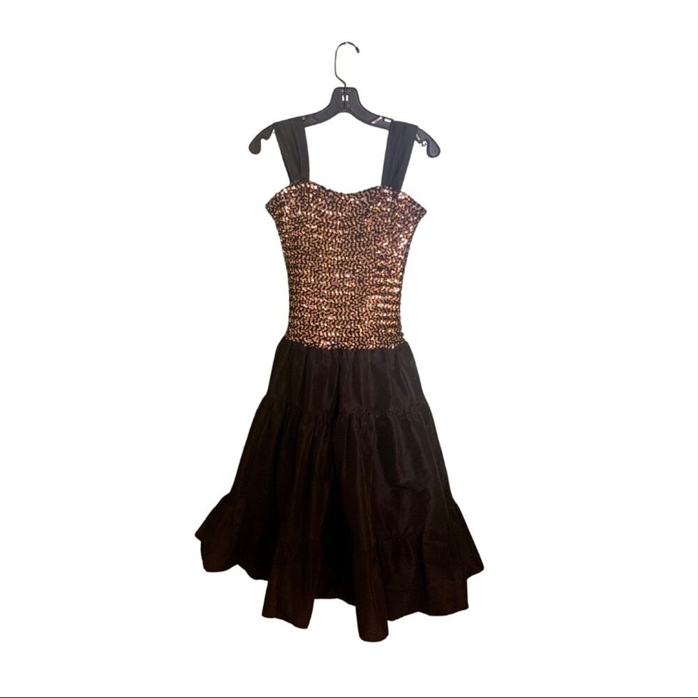 Vintage Lillie Rubin Black Gold Sleeveless Satin Sequin Cocktail Dress Size 4